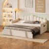 Upholstered Twin Size Daybed with Adjustable Height Pop Up Trundle Twin Bed and USB & Type-C Charging Port, Day Bed Frame with 2 Side Pockets, No Box-Spring Needed, Beige