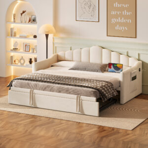 Upholstered Twin Size Daybed with Adjustable Height Pop Up Trundle Twin Bed and USB & Type-C Charging Port, Day Bed Frame with 2 Side Pockets, No Box-Spring Needed, Beige