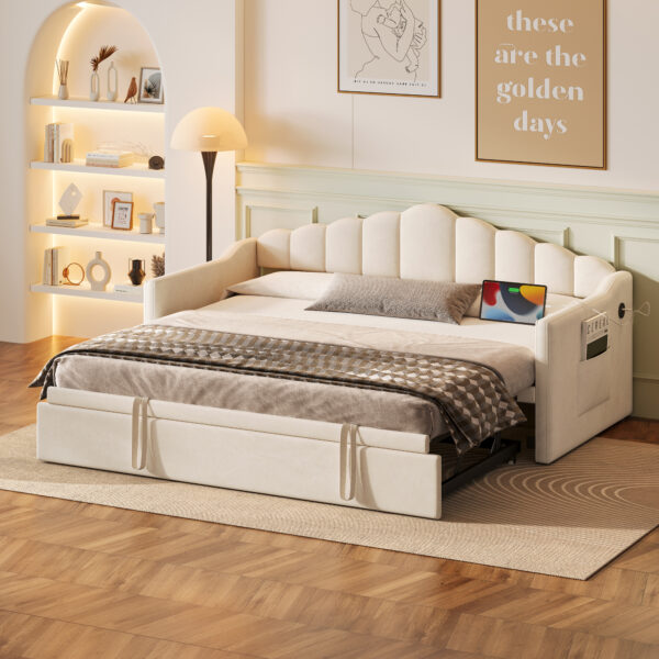 Upholstered Twin Size Daybed with Adjustable Height Pop Up Trundle Twin Bed and USB & Type-C Charging Port, Day Bed Frame with 2 Side Pockets, No Box-Spring Needed, Beige