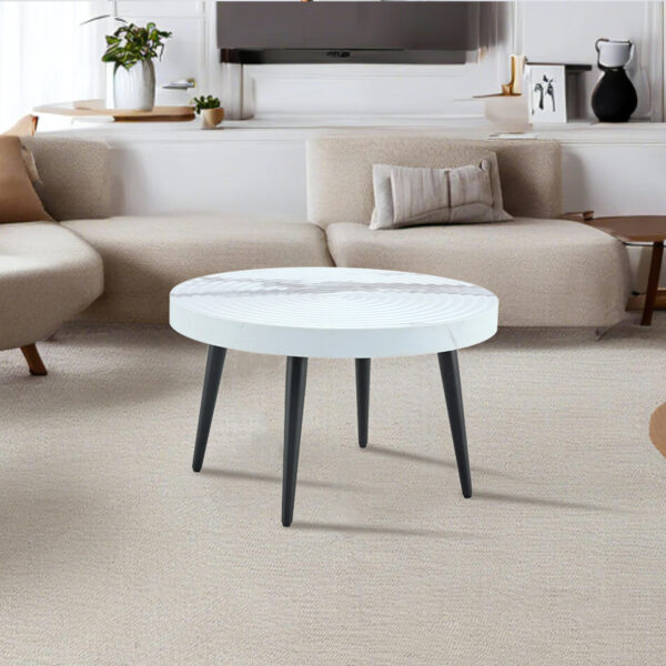 4cf854266e49461d92e88fbac965c576_99cb273c48a6e2f693f237c4ac75a052 Elegant White Marble Pattern Round Coffee Table - Diameter 23.6 Inches, Exquisite Suction Molding Process,White Marble Pattern Design,Black Sprayed Metal Leg.