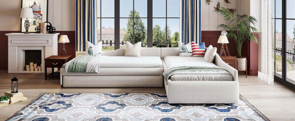 Upholstered Double Twin Size Daybed with Trundle and Drawer, Beige(Expected Arrival Time: 6.27)