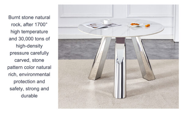 4dc27b4f3339461aba3395d895fe3ddc_17391c4a46d2df6466f2d23b9e0b65d5 A 42-inch stainless steel leg round table with a marble top is suitable for use by four or six people