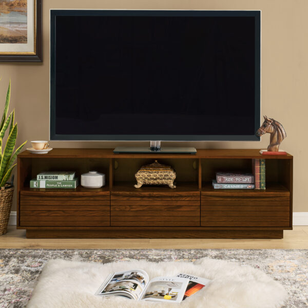 4e286f96b4d74bd1a9b2d88e30637264_57d28c0fc54932e050e0977a6f28b886 63" Mid-Century Modern TV Stand for TVs up to 75", Thick Sturdy Farmhouse Entertainment Cabinet, Media Console for Living Room, Louver Design & Solid Wood Drawers & Outlet Holes, Walnut