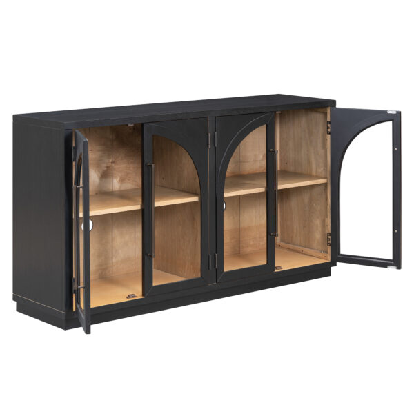 TREXM 4-Door Large Storage Sideboard Buffet Cabinet with Glass Doors, Arched Cabinet with Adjustable Shelves for Kitchen, Dining Room and Living Room (Black)