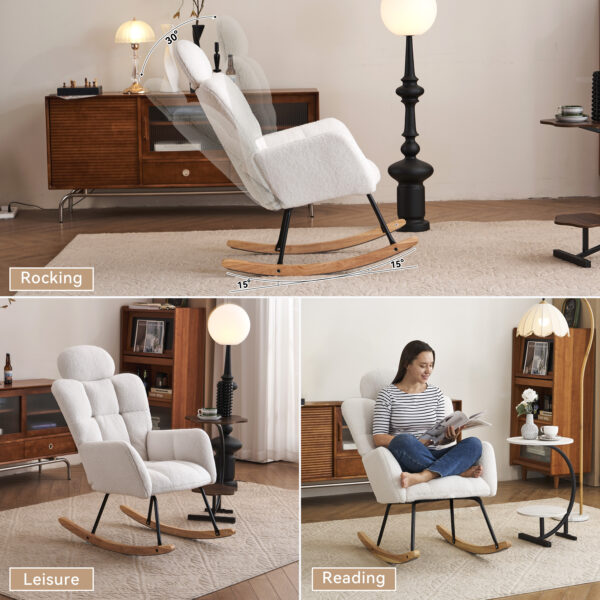 055-Teddy Fabric Upholstered Nursery Rocking Glider Chair Modern Accent Armchair Padded Seat with High Backrest and Pillow for Living Room Bedroom (Ivory)