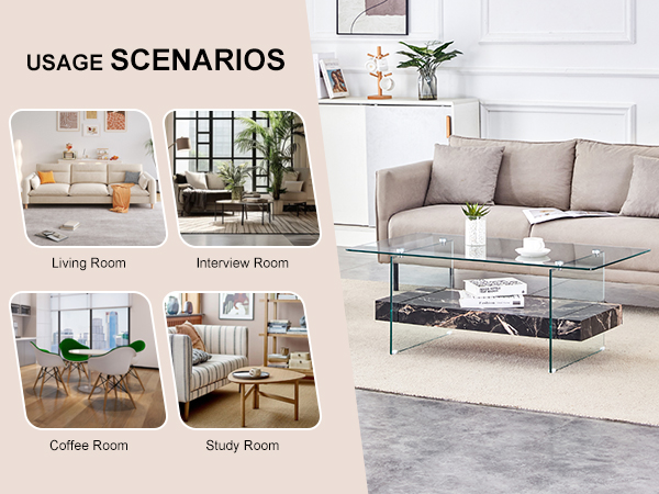 4f092feb8f5e4c28b9355558735d8ab3_acbcef716d31060cb9161c5c7486608f 43.3 Inch Modern Two-Tier Coffee Table - An Elegant Combination of Clear Glass and Black Marble Pattern.It can be used not only as a coffee table but also as a side table or display stand.