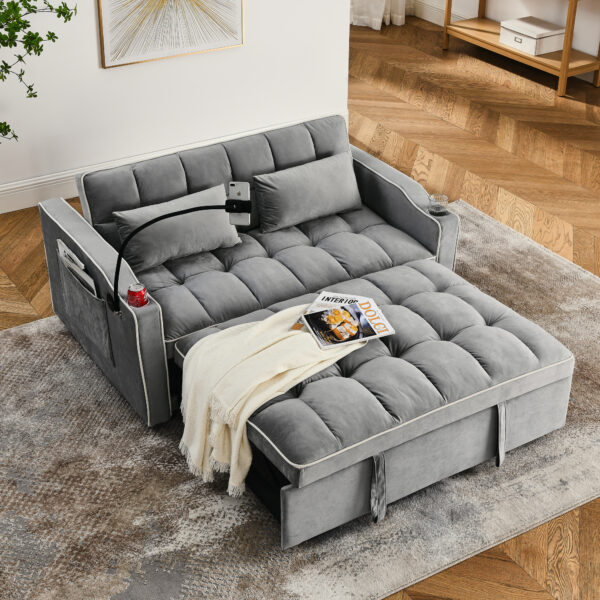55.51 inch versatile foldable sofa bed in 3 lengths, modern sofa sofa sofa velvet pull-out bed, adjustable back and with USB port and ashtray and swivel phone stand (Grey)