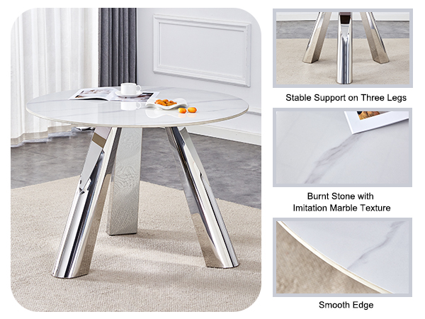4ff8d28c32e143eb9e2bea3c53d35626_e9d4b7f063c7787a256ea886203ca07c A 42-inch stainless steel leg round table with a marble top is suitable for use by four or six people
