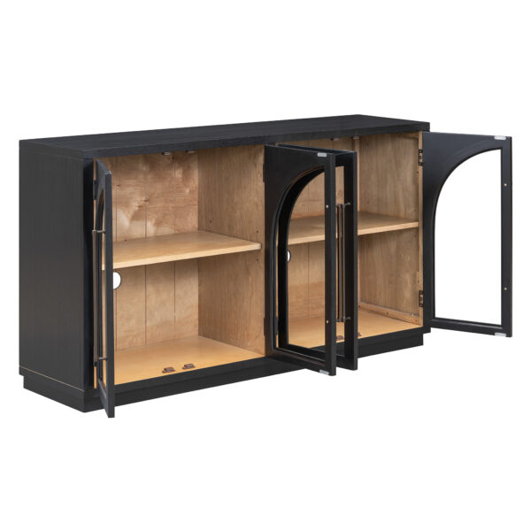 TREXM 4-Door Large Storage Sideboard Buffet Cabinet with Glass Doors, Arched Cabinet with Adjustable Shelves for Kitchen, Dining Room and Living Room (Black)