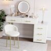 Velvet Upholstered Vanity Desk with Chair, Vanity Set with 5 Big Drawers, Makeup Table with Padded Chair, Marble-Look Sticker Top Dressing Table with Left/Right Adjustable Storage, Beige