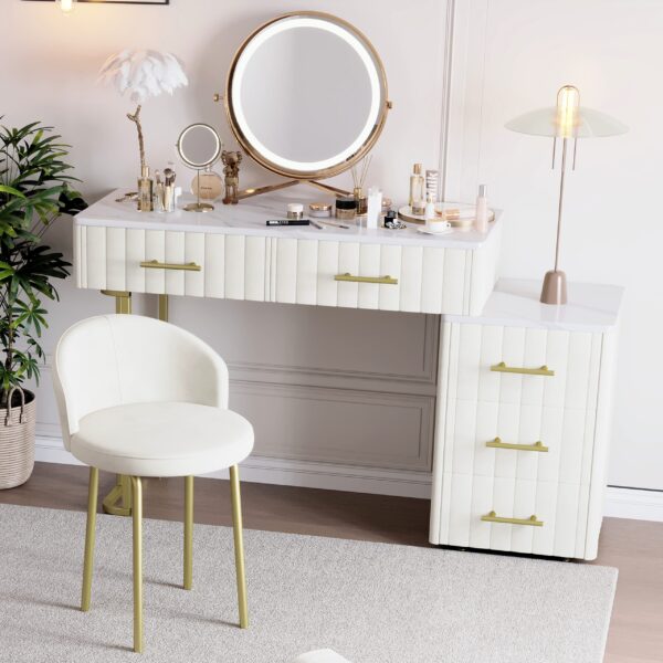 Velvet Upholstered Vanity Desk with Chair, Vanity Set with 5 Big Drawers, Makeup Table with Padded Chair, Marble-Look Sticker Top Dressing Table with Left/Right Adjustable Storage, Beige