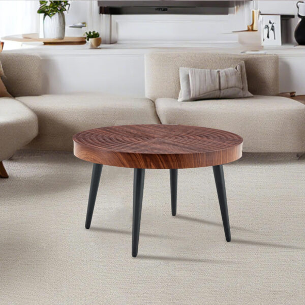 50daf636231a4e4a9410c6dda1d3d59c_50022f6811f30368e043afa380db9daf Modern Round Coffee Table - Annular Texture, Durable and Robust With a Diameter of 23.6 inches.Exquisite Suction Molding Process,Walnut Color Pattern Design,Black Sprayed Metal Leg.