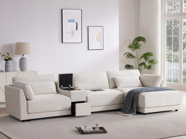 [VIDEO+NEW]124'' Modular Sectional Sofa with Storage Console and Movable Ottoman,33'' Wide Seat,4 Seat L Shaped Chenille Couch,Reversible Comfy Sofa with USB Charger for Living Room,Apartment,2 Colors