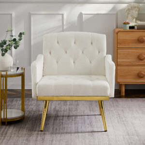 cream white velvet armchair with metal  legs