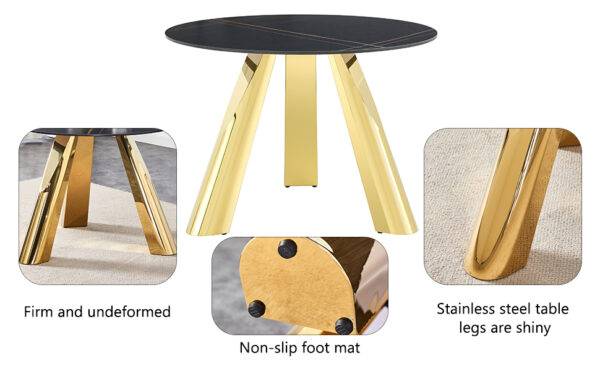 5187add5da8c4cfe8e304781793f0130_0bcc1b11bd43fe6de7663991aa45f85b The 42-inch stainless steel gold-plated flamed granite round table with seating for 4 or 6 people is perfect for dining, entertaining, or as a conference table
