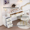 Velvet Upholstered Vanity Desk with Chair, Vanity Set with 5 Big Drawers, Makeup Table with Padded Chair, Marble-Look Sticker Top Dressing Table with Left/Right Adjustable Storage, Beige
