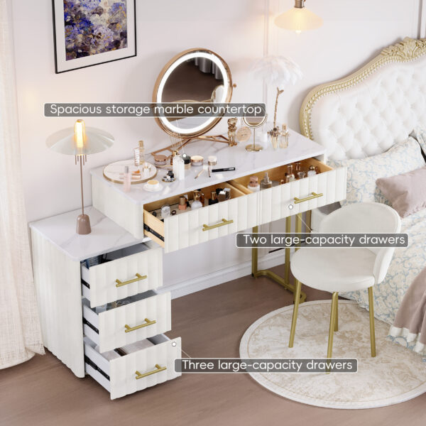 Velvet Upholstered Vanity Desk with Chair, Vanity Set with 5 Big Drawers, Makeup Table with Padded Chair, Marble-Look Sticker Top Dressing Table with Left/Right Adjustable Storage, Beige