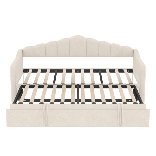 Upholstered Twin Size Daybed with Adjustable Height Pop Up Trundle Twin Bed and USB & Type-C Charging Port, Day Bed Frame with 2 Side Pockets, No Box-Spring Needed, Beige
