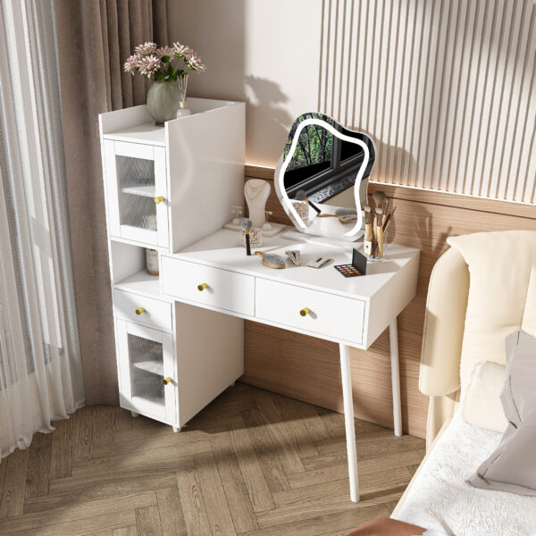 51e6a6ab9e174cd496414a1542e6d8f0_aa44e31706dac1b8a025662932708ad7 Vanity Dressing Table with LED Mirror & Storage – White Makeup Desk Features 3 Drawers, 2 Open Shelves & 4 Hidden Cabinets (Transparent Doors) - 3 Adjustable Lighting Modes - Ideal for Bedroom or Livi