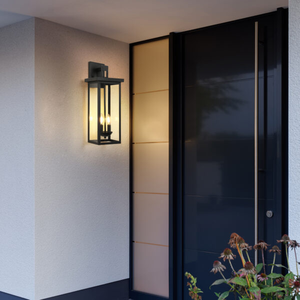 1-Pack 22.0" Outdoor Wall Lantern with Dusk to Dawn Sensor, Matte Black Finish, Clear Glass Panels, Weatherproof Exterior Light for Porch, Patio, Garage, 2-Light Design (Bulb Not Included)