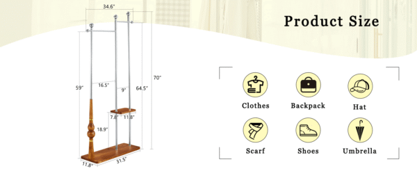 70" Industrial Coat Rack, Solid Wood & Silver Stainless Steel Clothing Rack, Double Layer Hanger for Coats, Hats, Bags, Shoes, Vintage Wood Grain (34.6" Wide)