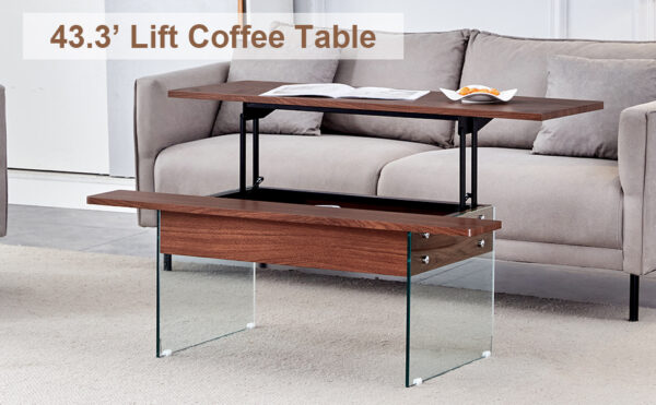 537118a02dd946c7b580c811feb298d1_af5530e20ab72a796cb5180fa725dc58 Multifunctional Lift Top Coffee Table -Dark Wood Color Grain Sticker, Essential for Modern Homes.Tempered Glass Legs,Lift Top Feature.Perfectly Fitting Into Living Rooms And Office.