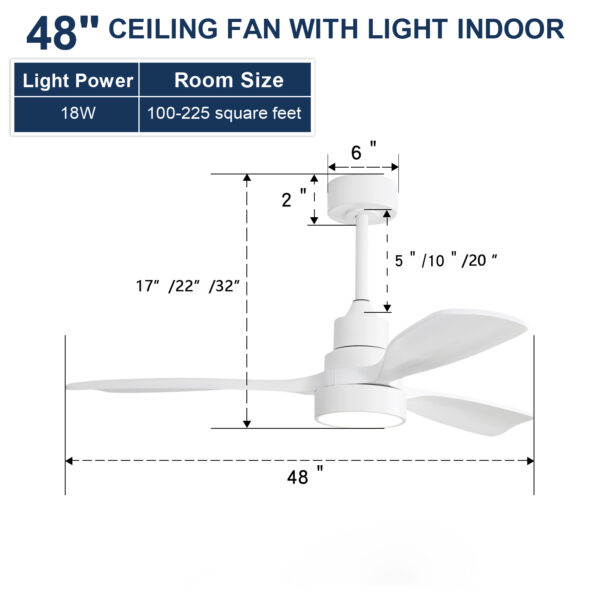 48 Inch Indoor Wood Ceiling Fan With Light 3 Solid Wood Blades Remote Control Reversible DC Motor For Living Room
