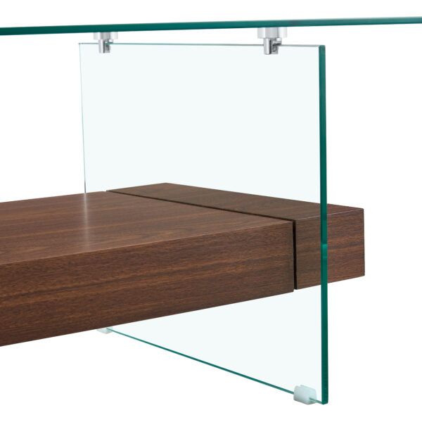 53b8e7ba7d964620bcb49f9e057b254e_96aad5f1aaaf00c8b3afd521dd245292 43.3 Inch Modern Two-Tier Coffee Table - An Elegant Combination of Clear Glass and Dark Wood Texture Sticker.It can be used not only as a coffee table but also as a side table or display stand.