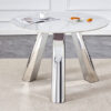 A 42-inch stainless steel leg round table with a marble top is suitable for use by four or six people