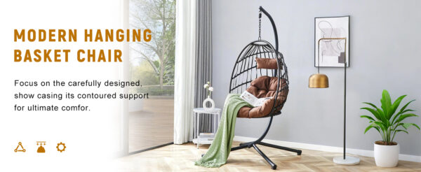 Indoor Outdoor Egg Swing Chair with Stand, Patio Grey Wicker Rattan Hanging Chair with Rope Back, Cushion,Cover,All Weather Foldable Hammock Chair for Bedroom, Porch, Garden