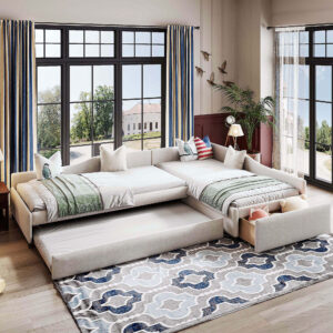 Upholstered Double Twin Size Daybed with Trundle and Drawer, Beige(Expected Arrival Time: 6.27)