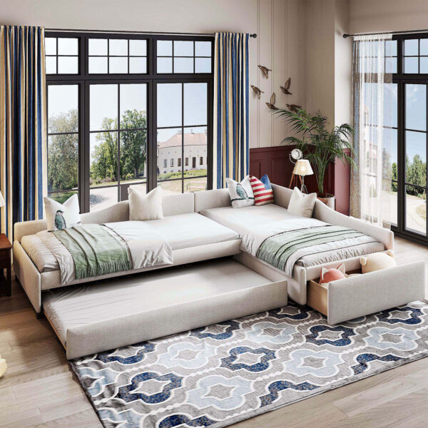 Upholstered Double Twin Size Daybed with Trundle and Drawer, Beige(Expected Arrival Time: 6.27)