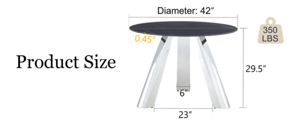 54cf08d6c0d74544b223e213d7caa20a_8151c306c0c4e97b40f992ce4a69bdad A 42-inch burn stone round table with stainless steel legs can accommodate 4 or 6 diners