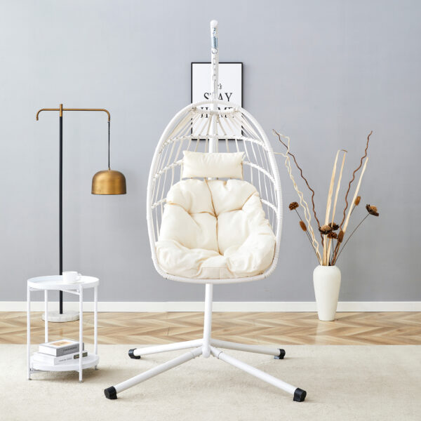 Heavy-Duty Iron Hanging Chair with Wicker Weave – Single Person Swing for Indoor/Outdoor (White)