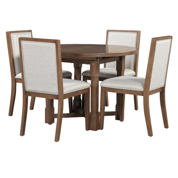 TREXM 5-Piece Extendable Dining Table Set for 4, Round Dining Table for 4 with Upholstered Chairs, Farmhouse Kitchen Table Set with Removable Leaf for Dining Room and Kitchen (Brown)