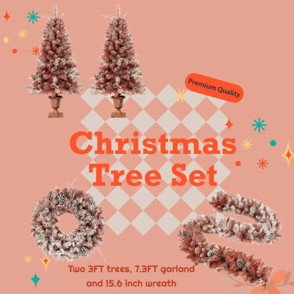 56685ea463984fe9a10f4bc587396284_20231018_23c84c69d75bebfb88801b125eecad62 GO 4-Pieces Set Artificial Christmas Tree, Brown Needles with flocking, with Warm Lights, pine cones and berries, Artificial Tree for door and fireplace
