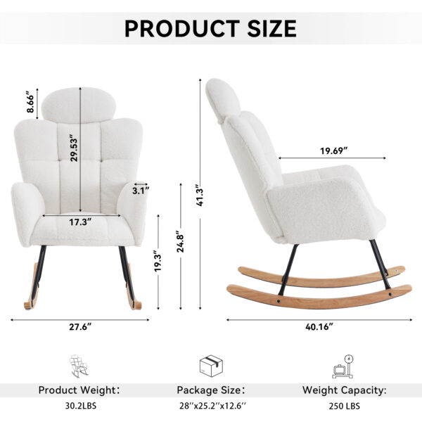 055-Teddy Fabric Upholstered Nursery Rocking Glider Chair Modern Accent Armchair Padded Seat with High Backrest and Pillow for Living Room Bedroom (Ivory)