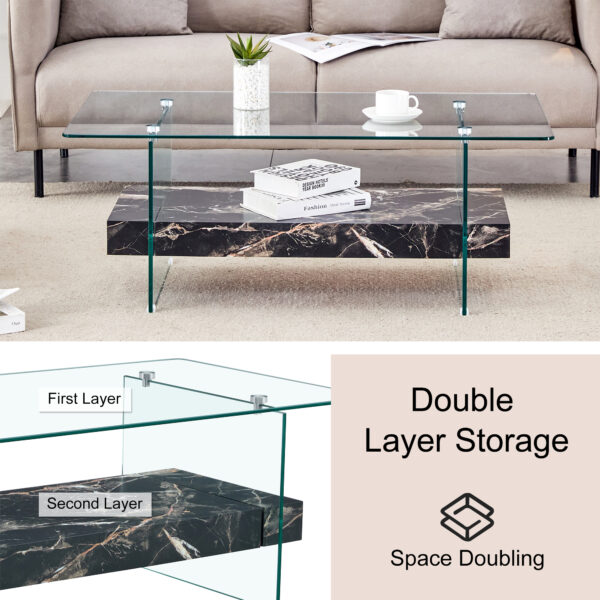 579c699817ec459b981df0e6e1741e77_e4b92610b53a581bfa7c6c5ccf6ad887 43.3 Inch Modern Two-Tier Coffee Table - An Elegant Combination of Clear Glass and Black Marble Pattern.It can be used not only as a coffee table but also as a side table or display stand.