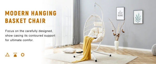 Heavy-Duty Iron Hanging Chair with Wicker Weave – Single Person Swing for Indoor/Outdoor (White)