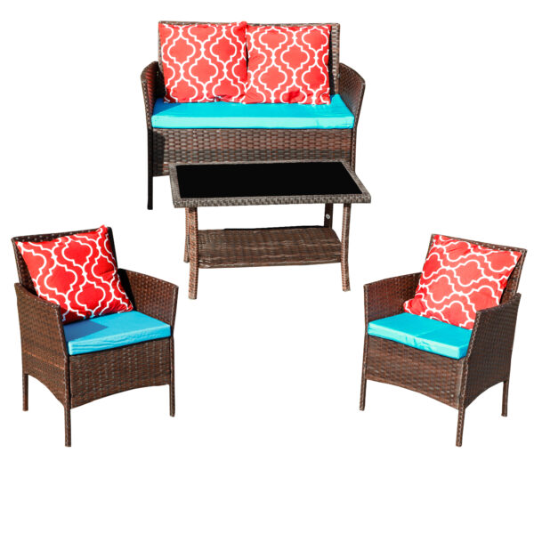 58ab4b8cb0704982b1beeac0c21c5555_0ee15079066deeb87a51721721a28ea7 Four-Piece Sofa Set Table With Sofa Chair PE Rattan Outdoor Furniture HY4-001 Box *1 With Sapphire Blue Color Cushion