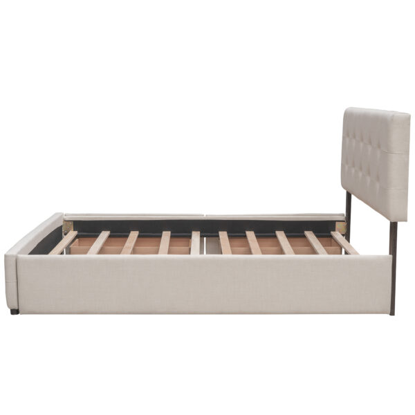 Upholstered Platform Bed with 2 Drawers and 1 Twin XL Trundle,  Linen Fabric, Queen Size - Dark Beige