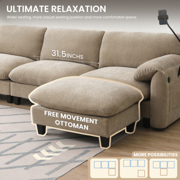 [VIDEO Provided] 108" Modular Sectional Sofa, L-Shape with 31.5" Extra-Wide Seat Cushion, USB and Type-C Charger, Phone Holder and 2 Side Storage Pockets, Free Movement Ottoman, Striped Chenille