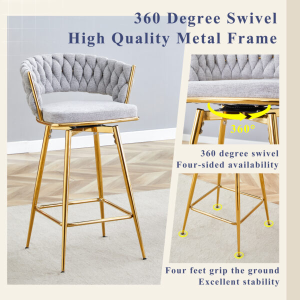 Two sets of swivel bar stools with breathable cotton and linen soft cushions, electroplated metal frames without rust, suitable for restaurant and bar use, as well as for casual seating in living room