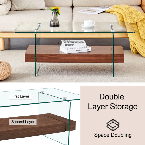 5958ed39c34e4c0e97f150eff5b12093_501f7aa968f9bfe077d22dc633130abc 43.3 Inch Modern Two-Tier Coffee Table - An Elegant Combination of Clear Glass and Dark Wood Texture Sticker.It can be used not only as a coffee table but also as a side table or display stand.