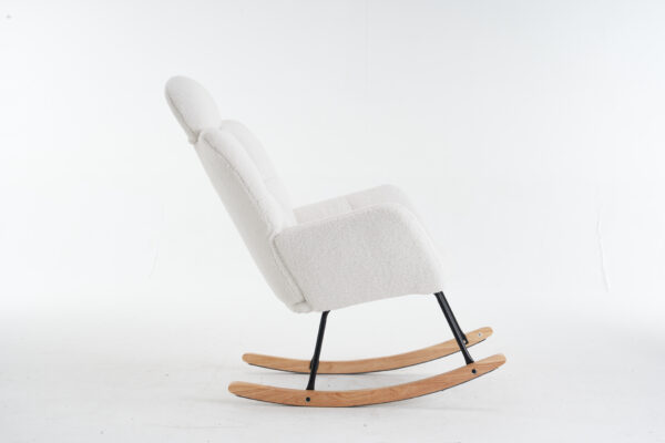 055-Teddy Fabric Upholstered Nursery Rocking Glider Chair Modern Accent Armchair Padded Seat with High Backrest and Pillow for Living Room Bedroom (Ivory)