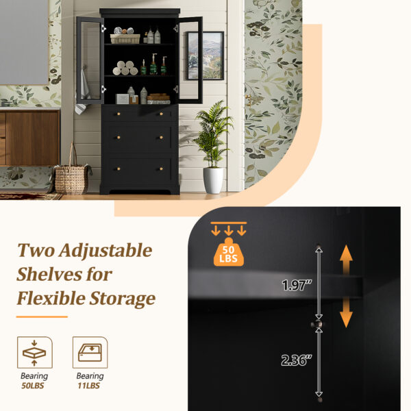 70.1" Modern High Freestanding Tall Bathroom Cabinet with 2 Adjustable Shelves, 3 Drawers, Soft Close Glass Doors – Ideal for Bathroom, Living Room, Kitchen Storage