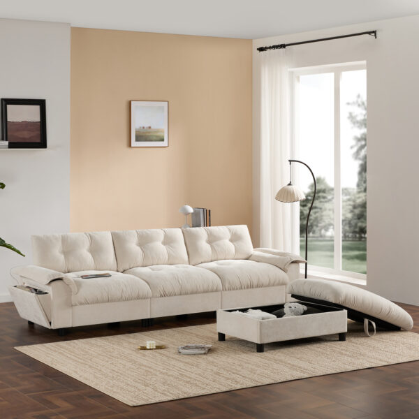 [VIDEO]104*60" Sectional Sofa, L-Shape with Multifunctional Armrest, Dual-Port Charging, Cup Holder, Side Storage Pockets, Movable Storage Ottoman, Unique Tufted Design, Soft Cushion, Chenille,3colors
