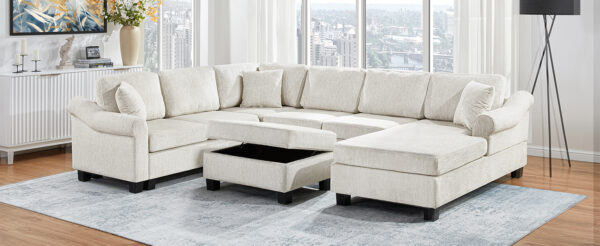 Sectional Sofa 111.8" U-shaped Sofa Chenille Upholstered Sofa Couch with Movable Storage Ottoman for Living Room, White