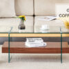 43.3 Inch Modern Two-Tier Coffee Table - An Elegant Combination of Clear Glass and Dark Wood Texture Sticker.It can be used not only as a coffee table but also as a side table or display stand.