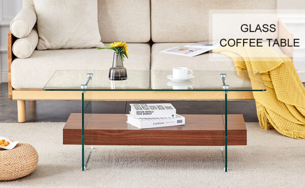 5b32c8e067594ad9b28e9c2098744d0f_38eafdd3a91f5321e62e8705237bf6ec 43.3 Inch Modern Two-Tier Coffee Table - An Elegant Combination of Clear Glass and Dark Wood Texture Sticker.It can be used not only as a coffee table but also as a side table or display stand.